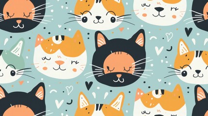 Brightly colored cats with cheerful expressions create a fun and lively pattern