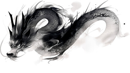 Ink drawing dragon isolated on transparent background. PNG
