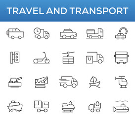 Travel and Transport line icon set. Containing car, bike, plane, train, bicycle, motorbike, bus and scooter icons. Transportation Simple line icon collections