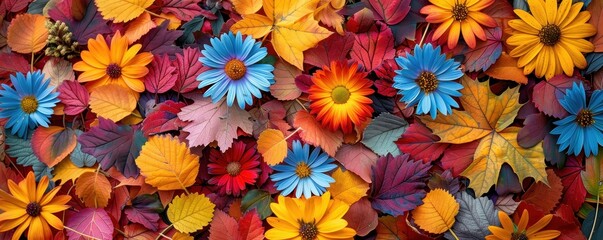Fototapeta premium A vibrant display of autumn leaves and colorful flowers creating a beautiful seasonal background. Perfect for fall-themed designs and projects.