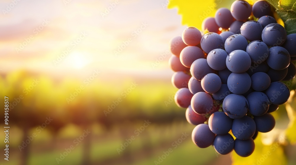 Poster Glistening dew on ripe grapes in a Napa Valley vineyard bathed in soft golden autumn light isolated on a gradient background 