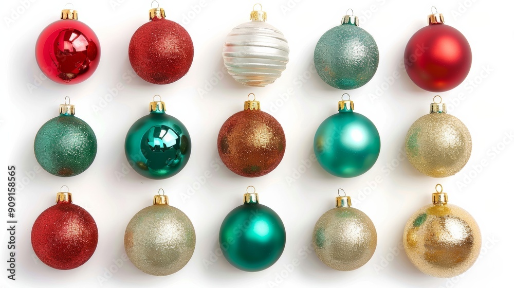 Canvas Prints Glittering Christmas tree ornaments in various shapes and colors on a white background 