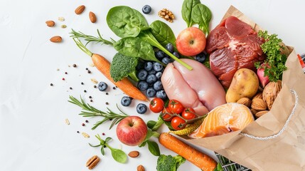 A bag of vegetables and fruit is displayed on a white background