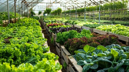 A greenhouse filled with various types of greens, including lettuce, spinach