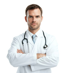 Fototapeta premium A man in a white lab coat is standing with his arms crossed