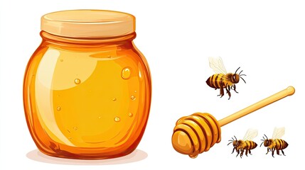 Full honey jar and honey dipper with honey, featuring a beehive and bees. Perfect for advertisements. White background.