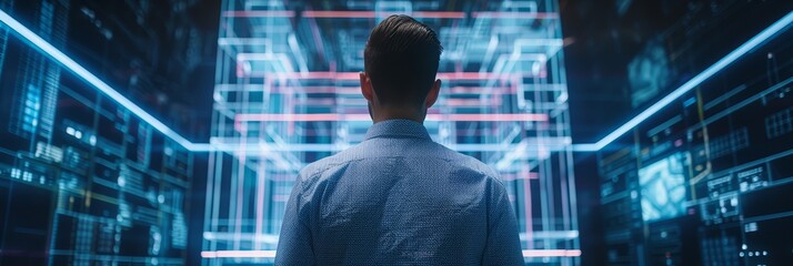 Business professional facing digital data interface with futuristic blue holographic elements. Concept of innovation and modern technology.