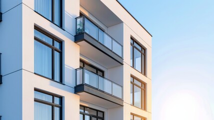 Modern apartment building exterior, with balconies, large windows, and a well-maintained entrance, under a bright sky 