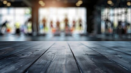 Dark Wooden Tabletop with Blurred Gym Background