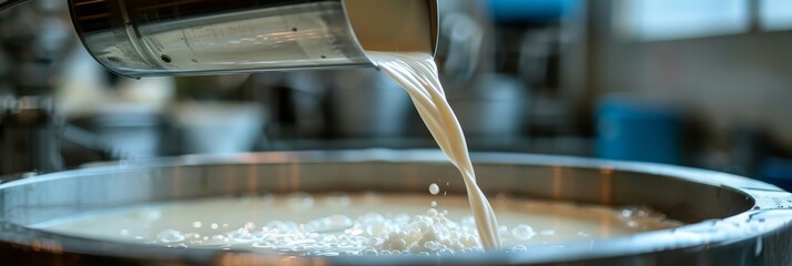 Close-up of milk being poured into a vat, capturing the process of dairy production in a factory setting. High-quality image for industry and agriculture use.