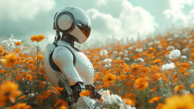 the robot stands in a field of flowers. AI technologies in the modern world of the future. android and nature