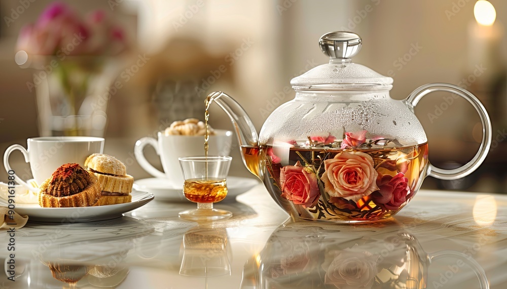 Poster A tea set with a teapot and two cups is on a table