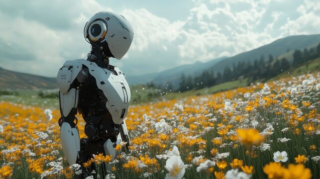 the robot stands in a field of flowers. AI technologies in the modern world of the future. android and nature