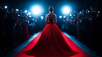 superstar posing on the red carpet, dressed in a glamorous gown, surrounded by paparazzi and flashing cameras 