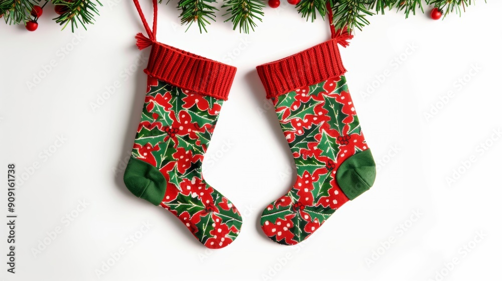 Canvas Prints Traditional red and green Christmas stockings with holly leaves on a white background 