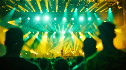 Wide-angle shot of a concert stage with Brazilian musicians performing, surrounded by green and yellow decorations for Independence Day 