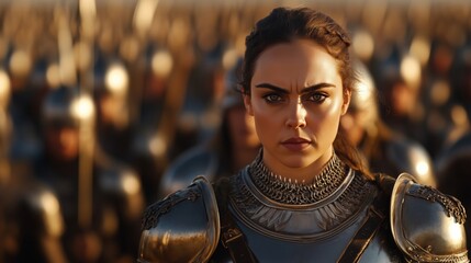 Fototapeta premium wide-angle shot of a queen in armor, leading her army into battle, with determination in her eyes 