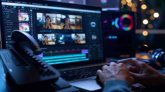 A person is working on a laptop computer with a screen displaying multiple images. The laptop is open to a page with a large image of a person's hand typing on a keyboard