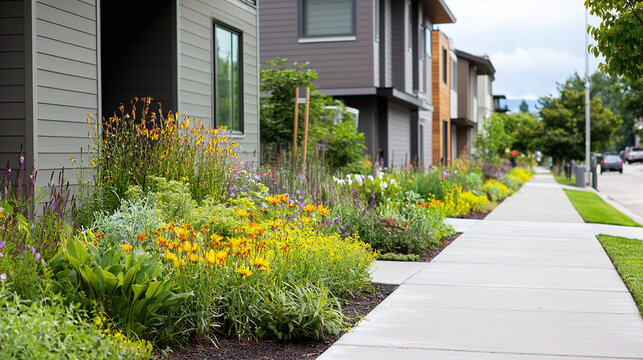 a modern urban streetscape featuring rain gardens and bioswales along the sidewalks, designed to manage stormwater runoff