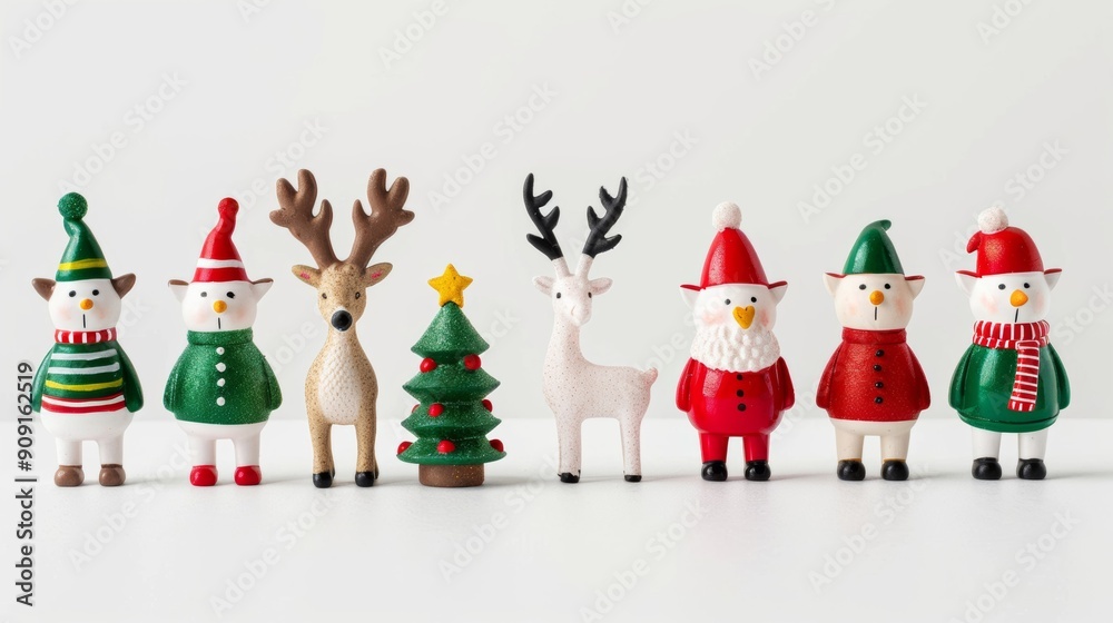 Canvas Prints Wide-angle shot of retro Christmas figurines and decorations such as reindeer and elves isolated on a white background 