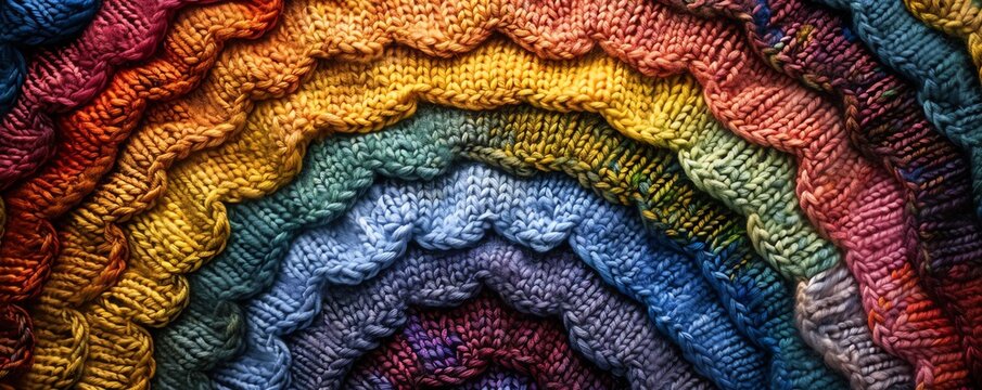 Colorful close-up of knitted fabric layers creating a vibrant texture pattern in a rainbow arrangement. Ideal for backgrounds and textile design.