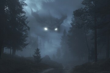 Fototapeta premium Eerie foggy forest with a giant eerie creature's glowing eyes appearing in the cloudy sky, creating a surreal and mysterious atmosphere.