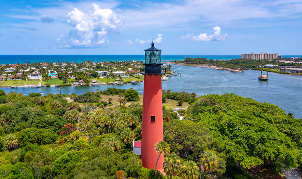 Jupiter Lighthouse aerial view, Jupiter Beach Florida, USA - 7/31/2024: Construction completed in 1860 this is one of about 30 lighthouses in the state of Florida.