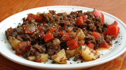 Fototapeta premium A delicious plate of ground beef hash served with diced potatoes and seasoned vegetables on a white ceramic plate, perfect for a hearty meal.