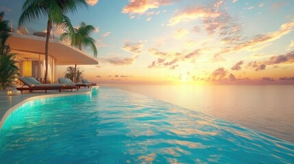 Obraz premium Beautiful sunset over a serene infinity pool surrounded by palm trees, creating a perfect tropical retreat atmosphere.