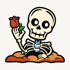 A skeleton hand emerging from the ground holding a rose