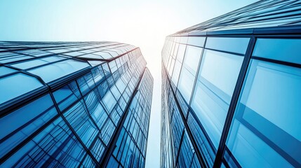 Obraz premium Stunning perspective of modern skyscrapers reflecting sunlight, showcasing glass architecture and urban beauty against a clear sky.