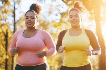 Fototapeta premium two young diverse plus sized women in sports clothes running n the park together