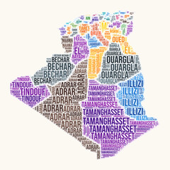 Algeria regions word cloud. Country logo design. Regions typography style vector image. Algeria colored text cloud. Stylish vector illustration.