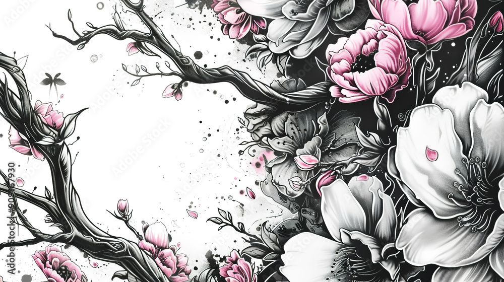 Wall mural Black and White Floral Illustration with Detailed Flowers