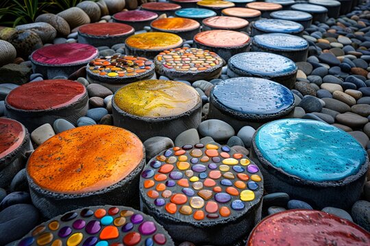 a group of colorful circular objects.

