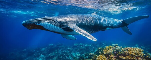 Fototapeta premium Blue whale cruising near a coral reef, vibrant marine ecosystem, whale behavior, harmony in underwater worlds