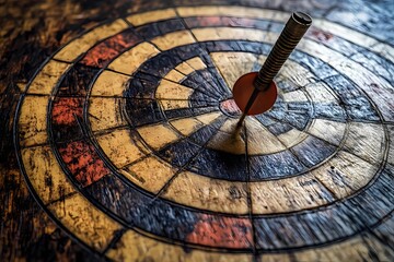 Сonversion rate optimization in marketing. The dart hit the very center of the target. Yellow, red and black colors.