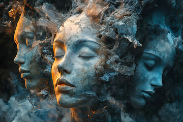 An abstract photo featuring detailed character design with VRay tracing, highlighting the intricate features of people's faces. The image combines realism with artistic abstraction