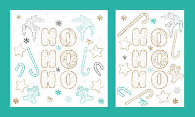 Ho! Ho! Ho! line art design with gingerbread man, candy cane, cinnamon star