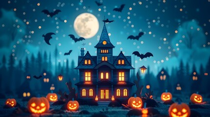 Fototapeta premium Haunted Mansion with Glowing Pumpkins and Bats in the Halloween Night Sky