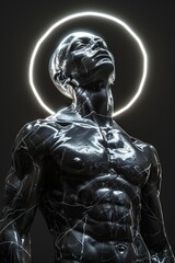 A realistic looking black marble statue of a man facing forwards with a glowing halo behind brimming with power illuminating the space behind him, the marble is polished and gorgeous, all details carv