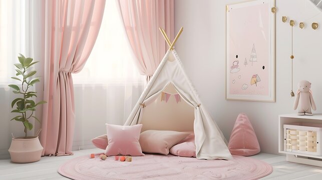 Pastel pillows in front of tent in girls bedroom interior with pink drapes and poster