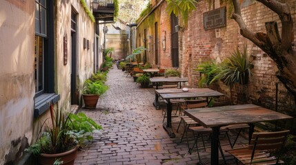 Fototapeta premium Cozy footpath dining area in a historic district