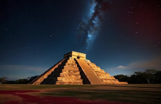 Chichen itza pyramid at night sky, landscape, nature, travel, pyramid, sand, road, 
