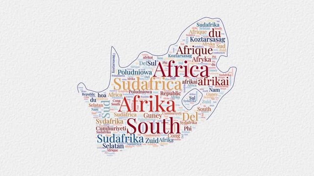 South Africa logo animation. South Africa boundary word cloud animation. Video of country names in multiple languages popping out on paper style background. Country opening, intro, presentation video.