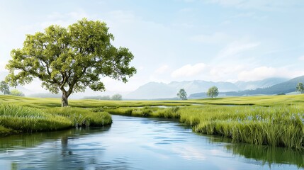 Fototapeta premium A serene landscape with a tranquil river, lush green fields, a lone tree, and distant mountains under a clear blue sky.