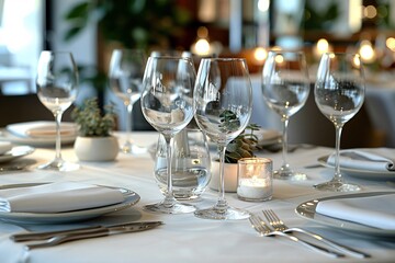 Fototapeta premium Elegant table setting with candles in restaurant. Selective focus. Romantic dinner setting with candles on table in restaurant. 