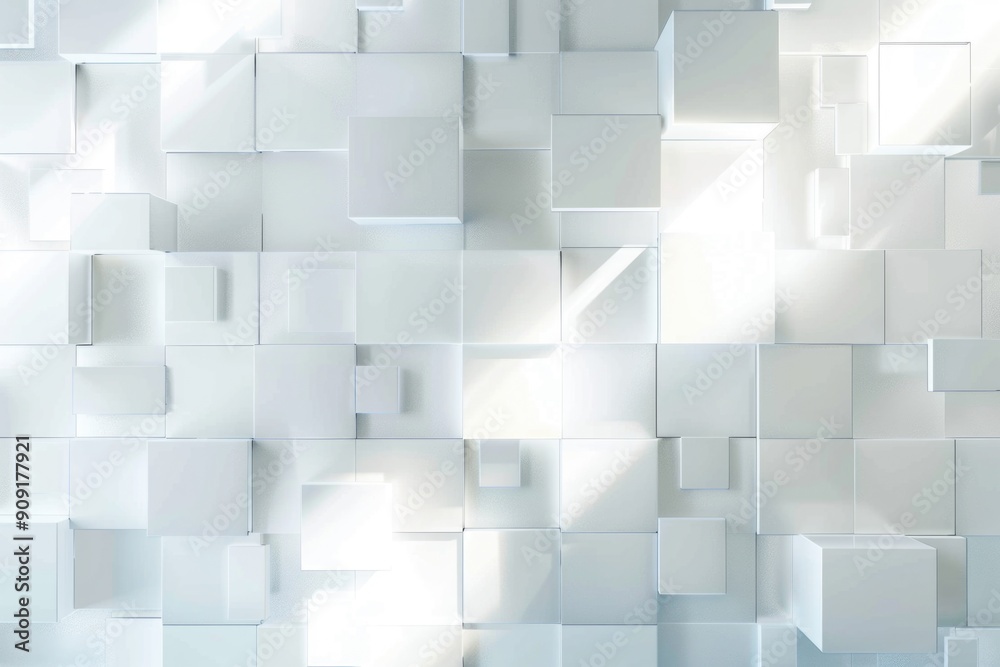 Poster A simple, geometric pattern of white cubes with sunlight streaming through, suitable for use in interior design or architecture concepts