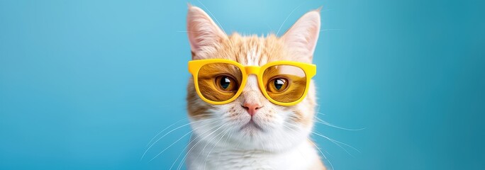 Fototapeta premium Adorable ginger cat wearing yellow glasses against blue background, showcasing a fun and quirky pet portrait.