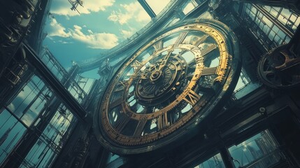 Fototapeta premium Steampunk Clock Tower: A Majestic Architectural Marvel